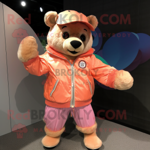 Peach Bear mascot costume character dressed with a Windbreaker and Ties