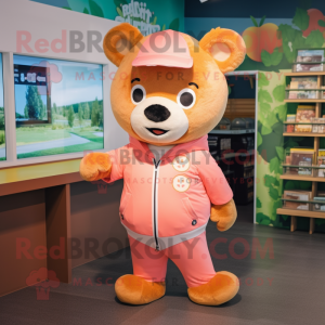 Peach Bear mascot costume character dressed with a Windbreaker and Ties