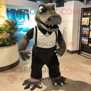 Black Iguanodon mascot costume character dressed with a Bermuda Shorts and Suspenders