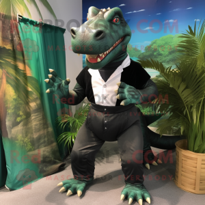 Black Iguanodon mascot costume character dressed with a Bermuda Shorts and Suspenders