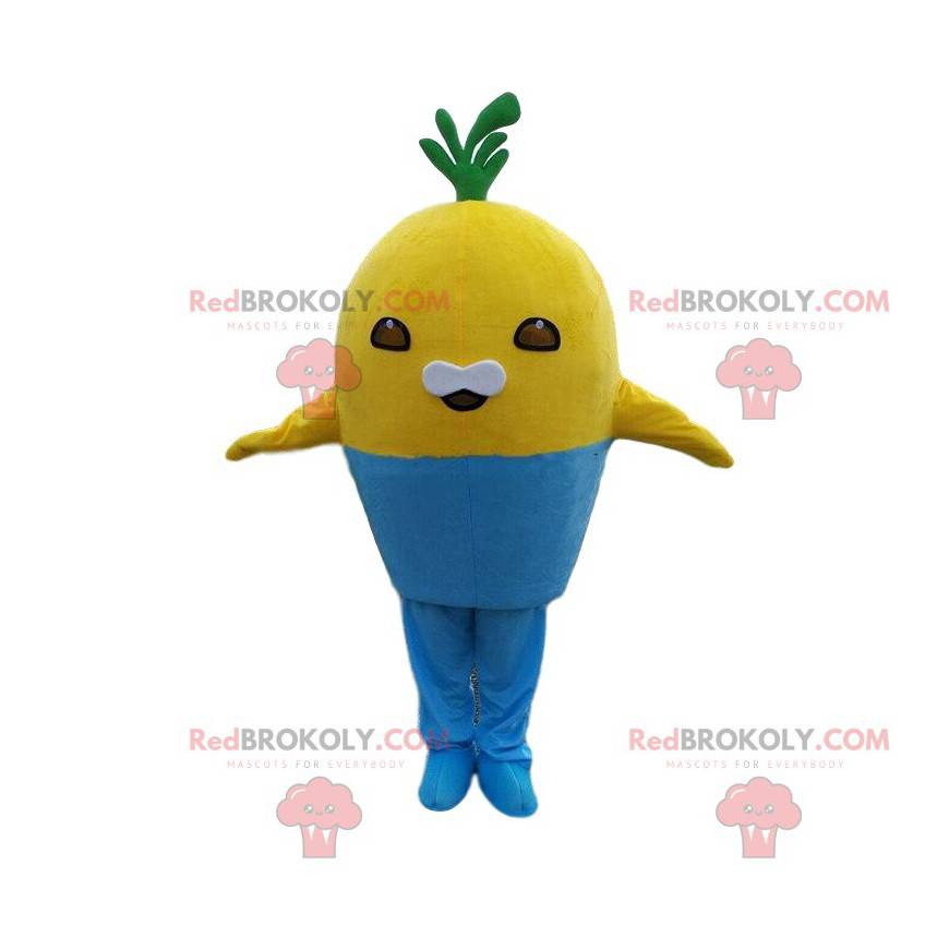 Yellow creature mascot in a blue pot, plant costume -