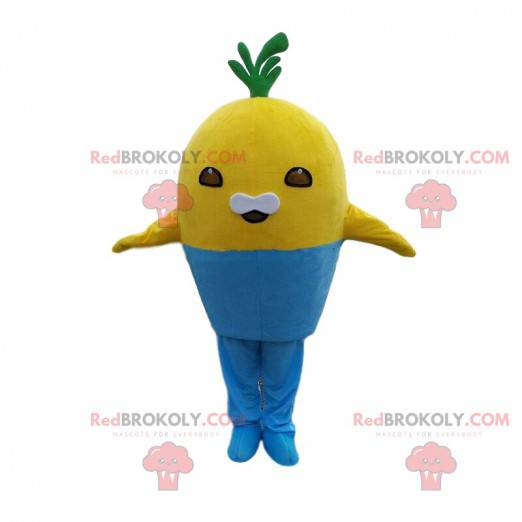 Yellow creature mascot in a blue pot, plant costume -