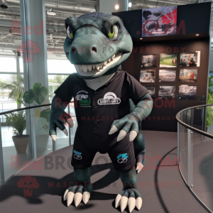 Black Iguanodon mascot costume character dressed with a Bermuda Shorts and Suspenders