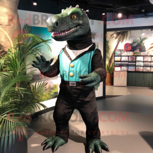 Black Iguanodon mascot costume character dressed with a Bermuda Shorts and Suspenders