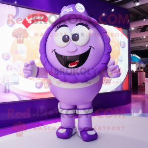 Purple Candy mascot costume character dressed with a Dress and Digital watches