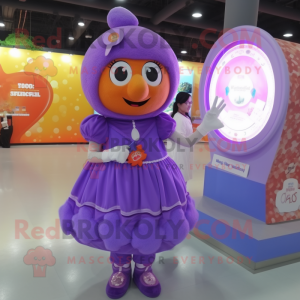 Purple Candy mascot costume character dressed with a Dress and Digital watches