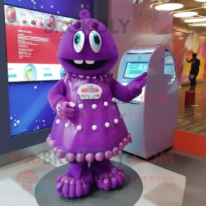 Purple Candy mascot costume character dressed with a Dress and Digital watches