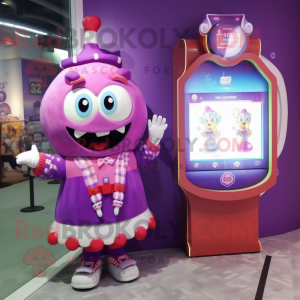 Purple Candy mascot costume character dressed with a Dress and Digital watches