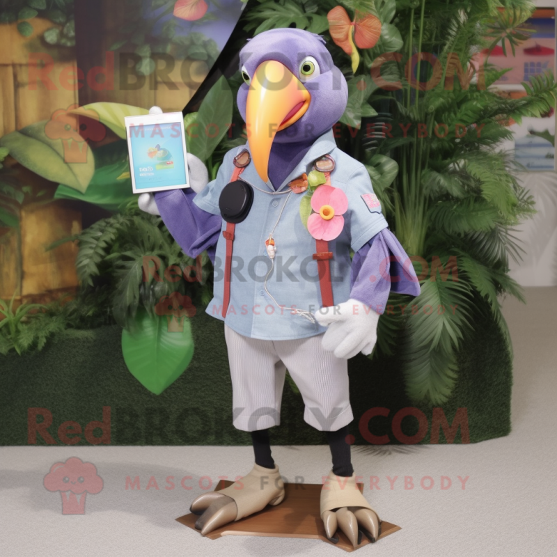 Lavender Toucan mascot costume character dressed with a Chambray Shirt and Digital watches