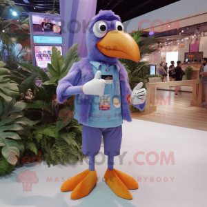 Lavender Toucan mascot costume character dressed with a Chambray Shirt and Digital watches