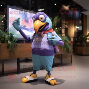 Lavender Toucan mascot costume character dressed with a Chambray Shirt and Digital watches