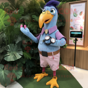 Lavender Toucan mascot costume character dressed with a Chambray Shirt and Digital watches