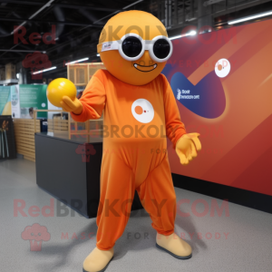 Orange Juggle mascot costume character dressed with a Jumpsuit and Sunglasses