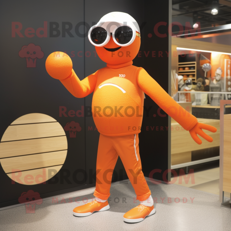 Orange Juggle mascot costume character dressed with a Jumpsuit and Sunglasses