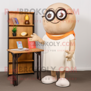 Beige Shakshuka mascot costume character dressed with a Henley Tee and Reading glasses