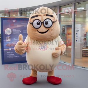 Beige Shakshuka mascot costume character dressed with a Henley Tee and Reading glasses
