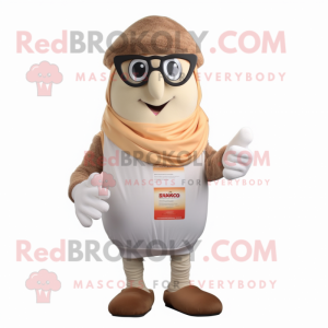 Beige Shakshuka mascot costume character dressed with a Henley Tee and Reading glasses