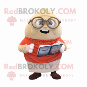 Beige Shakshuka mascot costume character dressed with a Henley Tee and Reading glasses