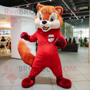 Red Marten mascot costume character dressed with a Jumpsuit and Mittens