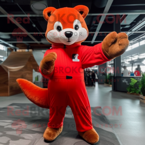 Red Marten mascot costume character dressed with a Jumpsuit and Mittens