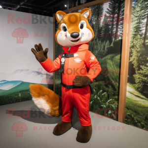 Red Marten mascot costume character dressed with a Jumpsuit and Mittens