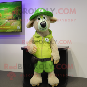 Lime Green Merino Sheep mascot costume character dressed with a Vest and Hat pins