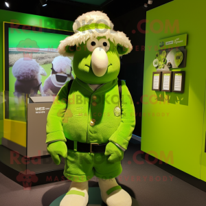 Lime Green Merino Sheep mascot costume character dressed with a Vest and Hat pins