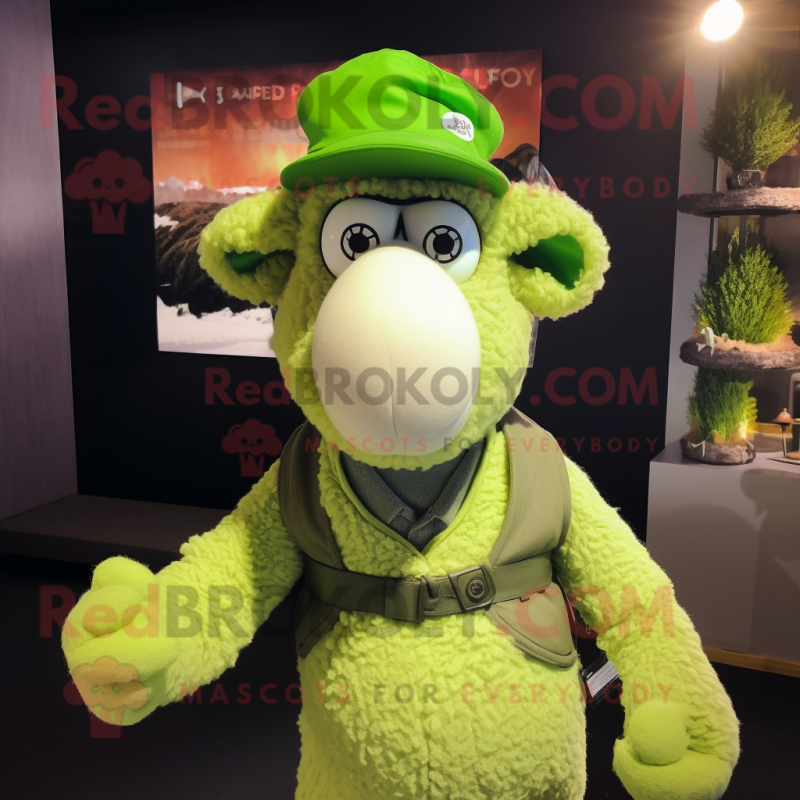 Lime Green Merino Sheep mascot costume character dressed with a Vest and Hat pins