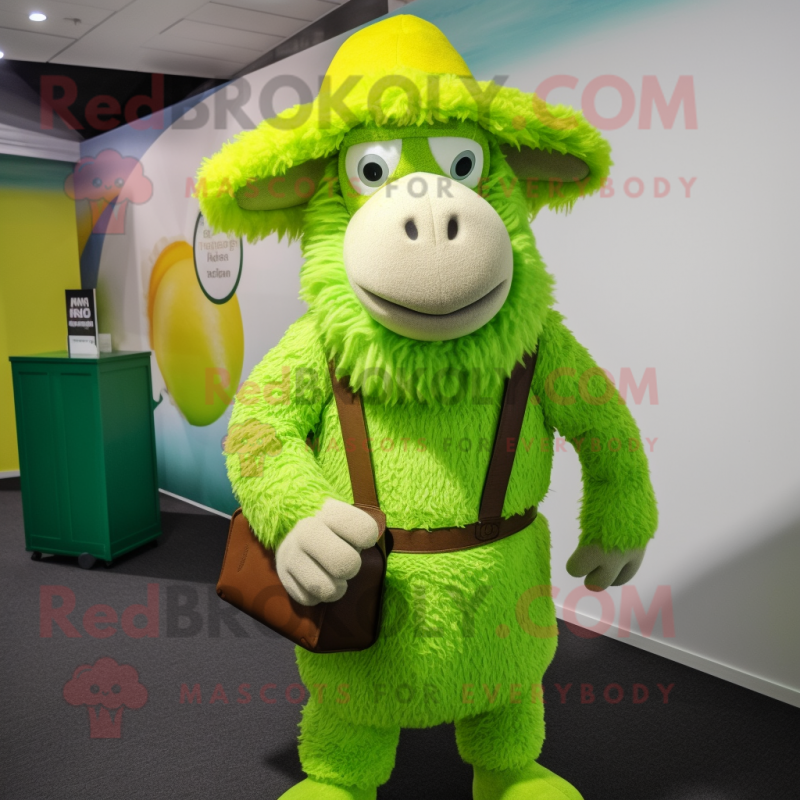 Lime Green Merino Sheep mascot costume character dressed with a Vest and Hat pins