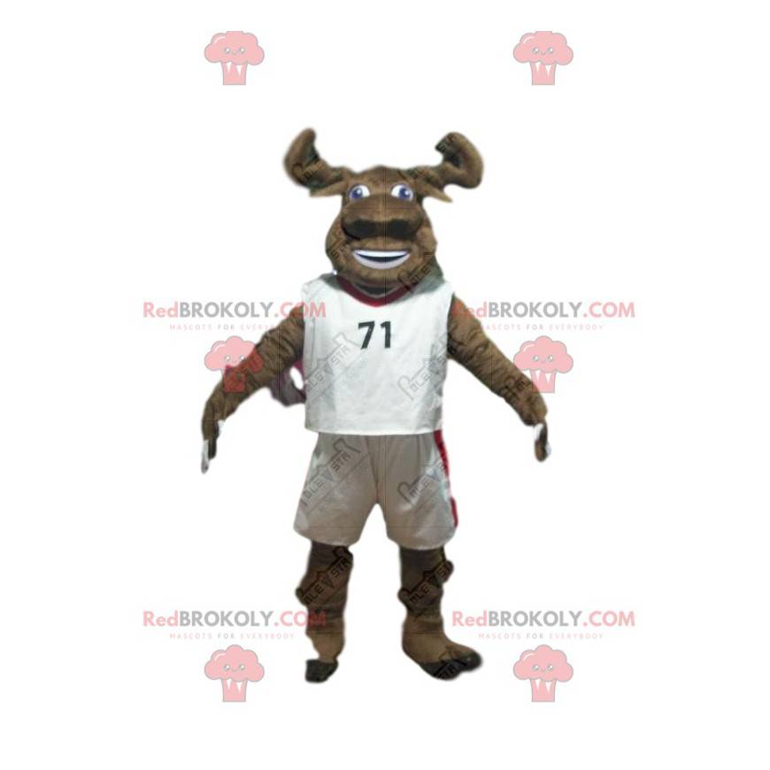 Mascote de búfalo marrom em roupas esportivas, fantasia de
