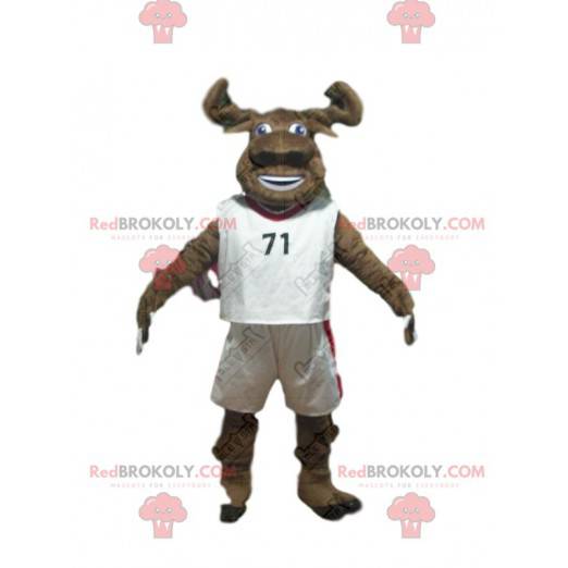 Mascote de búfalo marrom em roupas esportivas, fantasia de