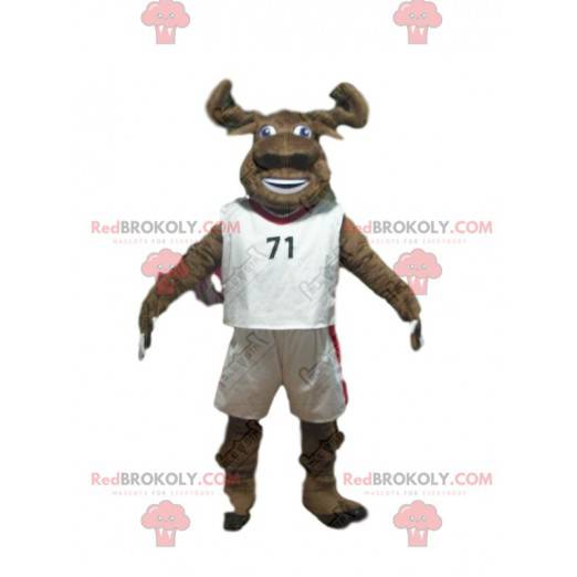 Mascotte de buffle marron en tenue de sport, costume de buffle