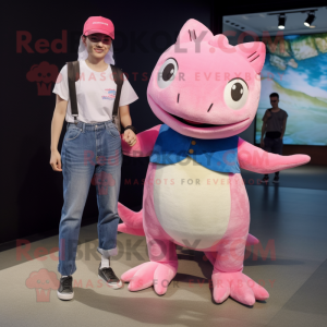 Pink Axolotls mascot costume character dressed with a Boyfriend Jeans and Hats