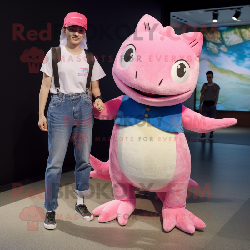 Pink Axolotls mascot costume character dressed with a Boyfriend Jeans and Hats Pink Axolotls mascot costume character dressed with a Boyfriend Jeans and Hats