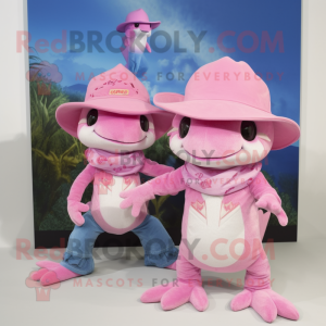 Pink Axolotls mascot costume character dressed with a Boyfriend Jeans and Hats