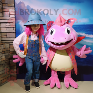 Pink Axolotls mascot costume character dressed with a Boyfriend Jeans and Hats