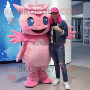 Pink Axolotls mascot costume character dressed with a Boyfriend Jeans and Hats