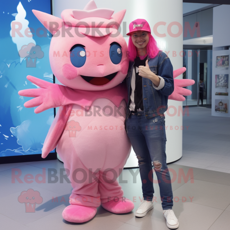 Pink Axolotls mascot costume character dressed with a Boyfriend Jeans and Hats Pink Axolotls mascot costume character dressed with a Boyfriend Jeans and Hats