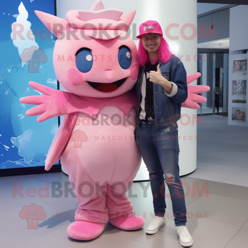 Pink Axolotls mascot costume character dressed with a Boyfriend Jeans and Hats