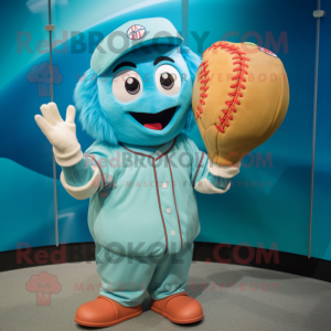 Turquoise Baseball Glove mascot costume character dressed with a Ball Gown and Mittens