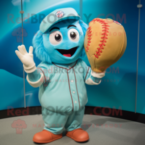 Turquoise Baseball Glove mascot costume character dressed with a Ball Gown and Mittens