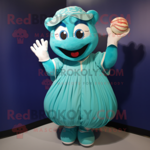 Turquoise Baseball Glove mascot costume character dressed with a Ball Gown and Mittens