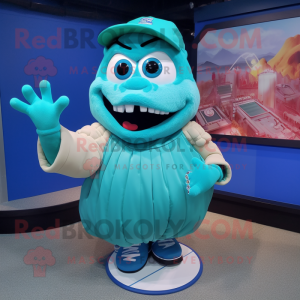 Turquoise Baseball Glove mascot costume character dressed with a Ball Gown and Mittens