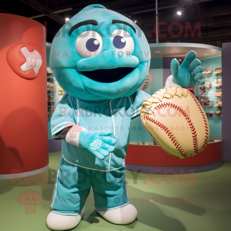 Turquoise Baseball Glove mascot costume character dressed with a Ball Gown and Mittens