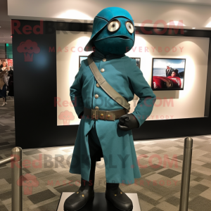 Teal Civil War Soldier mascot costume character dressed with a Turtleneck and Shawl pins