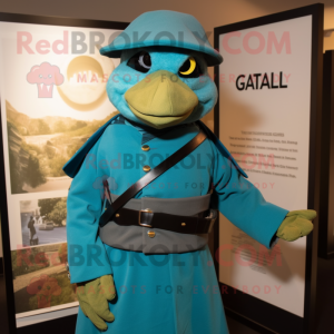 Teal Civil War Soldier mascot costume character dressed with a Turtleneck and Shawl pins