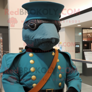 Teal Civil War Soldier mascot costume character dressed with a Turtleneck and Shawl pins