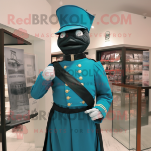 Teal Civil War Soldier mascot costume character dressed with a Turtleneck and Shawl pins