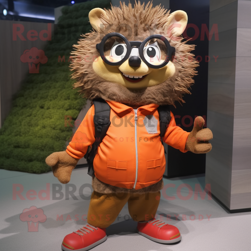 Rust Hedgehog mascot costume character dressed with a Joggers and Eyeglasses