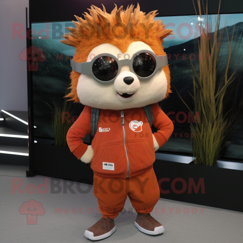 Rust Hedgehog mascot costume character dressed with a Joggers and Eyeglasses